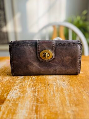 Coach Brown/Grey Iridescent Leather Turnlock Wallet with Brass Hardware